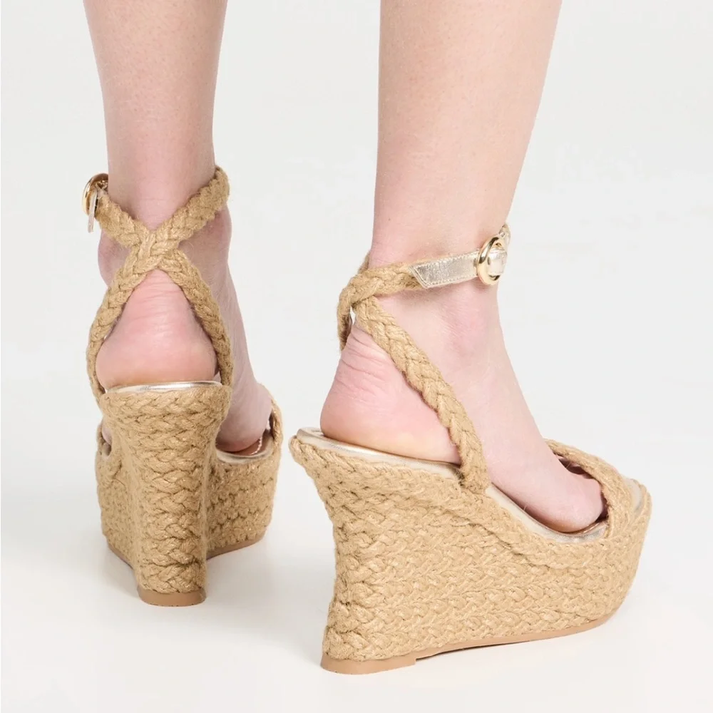 Stuart Weitzman Women’s Brada Strap Gold/Natural Espadrille Wedge Sandals—9.5